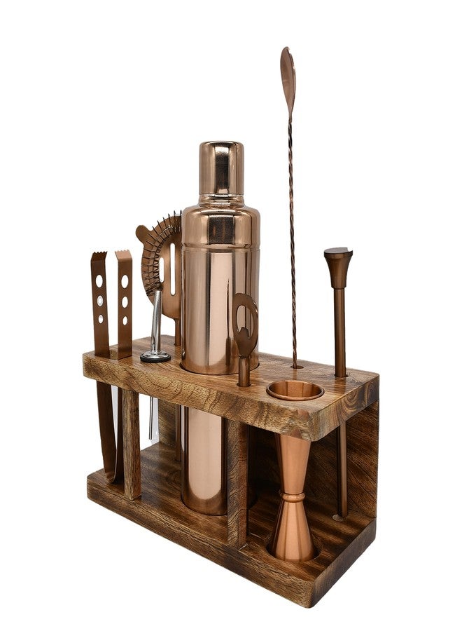 HAINE Barware Tools Bar Set of 8 Pieces Bar Accessories with Wooden Stand, Rose Gold - Image 1